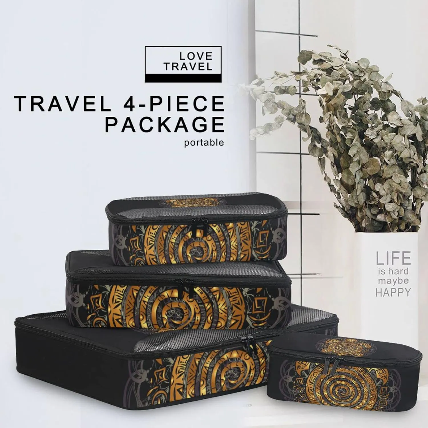 Polynesian Golden Tribal Sea Turtle Tattoo on Black Toned Maori 4 PCs Set Packing Bags, Luggage Organizer Bag, Portable Cube Toiletry bag, Durable Travel Cosmetic Storage Bag for Men Women