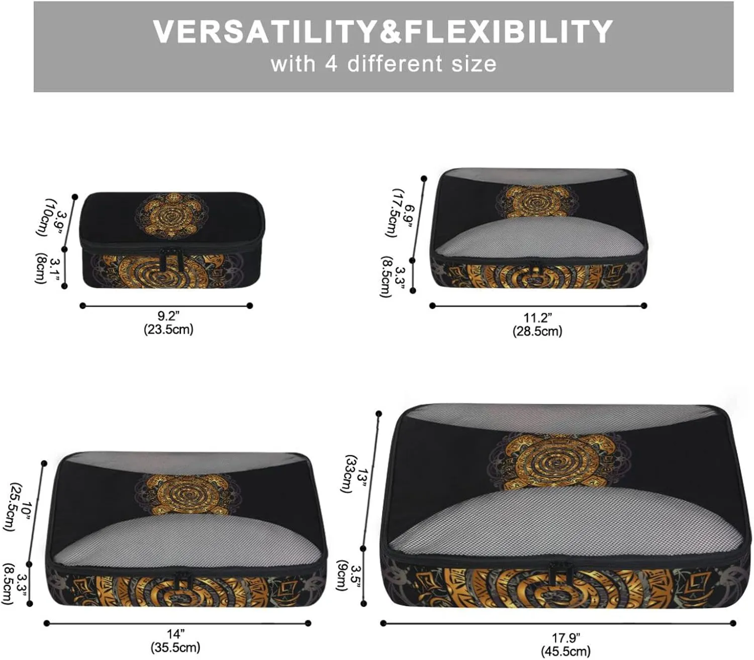 Polynesian Golden Tribal Sea Turtle Tattoo on Black Toned Maori 4 PCs Set Packing Bags, Luggage Organizer Bag, Portable Cube Toiletry bag, Durable Travel Cosmetic Storage Bag for Men Women