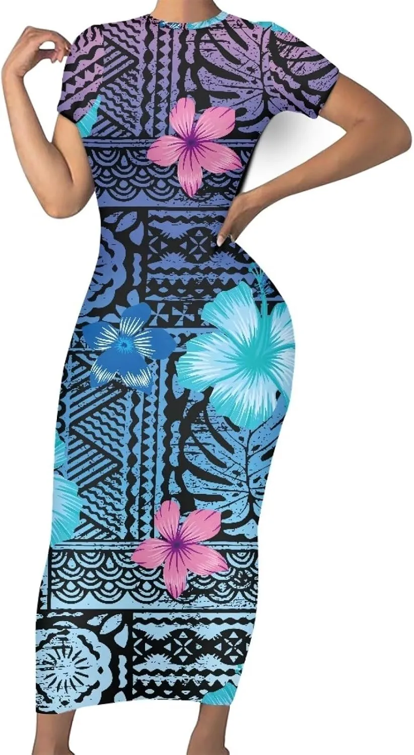 Polynesian Tribal Maxi Dresses for Women Slim Bodycon Casual Dresses Samoan Puletasi Evening Party Dress