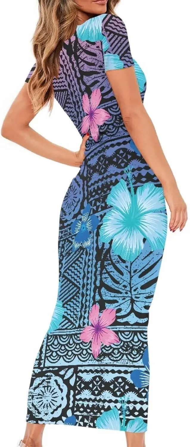 Polynesian Tribal Maxi Dresses for Women Slim Bodycon Casual Dresses Samoan Puletasi Evening Party Dress