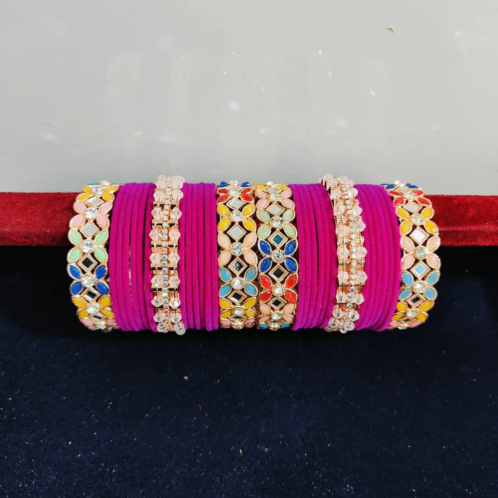 Pooja Bangles Rose Gold Plated Crystal Stone And Mirror Velvet Bangles Set