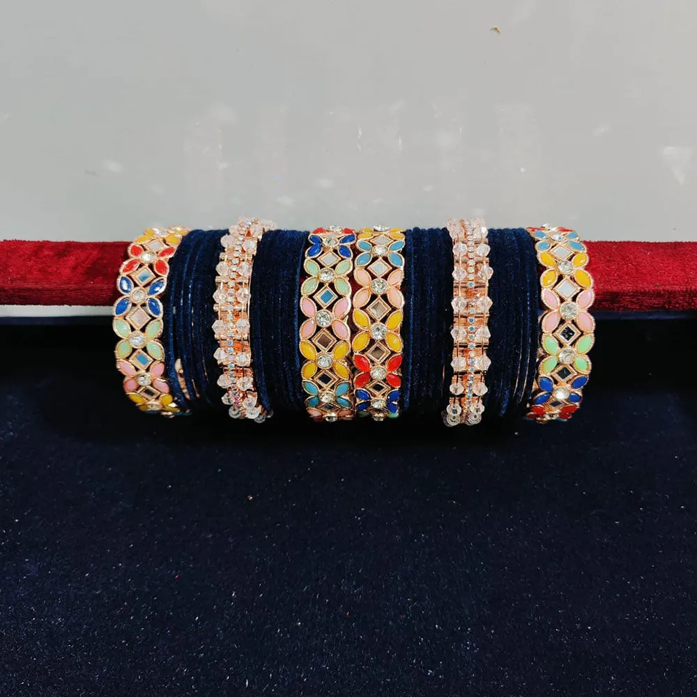 Pooja Bangles Rose Gold Plated Crystal Stone And Mirror Velvet Bangles Set