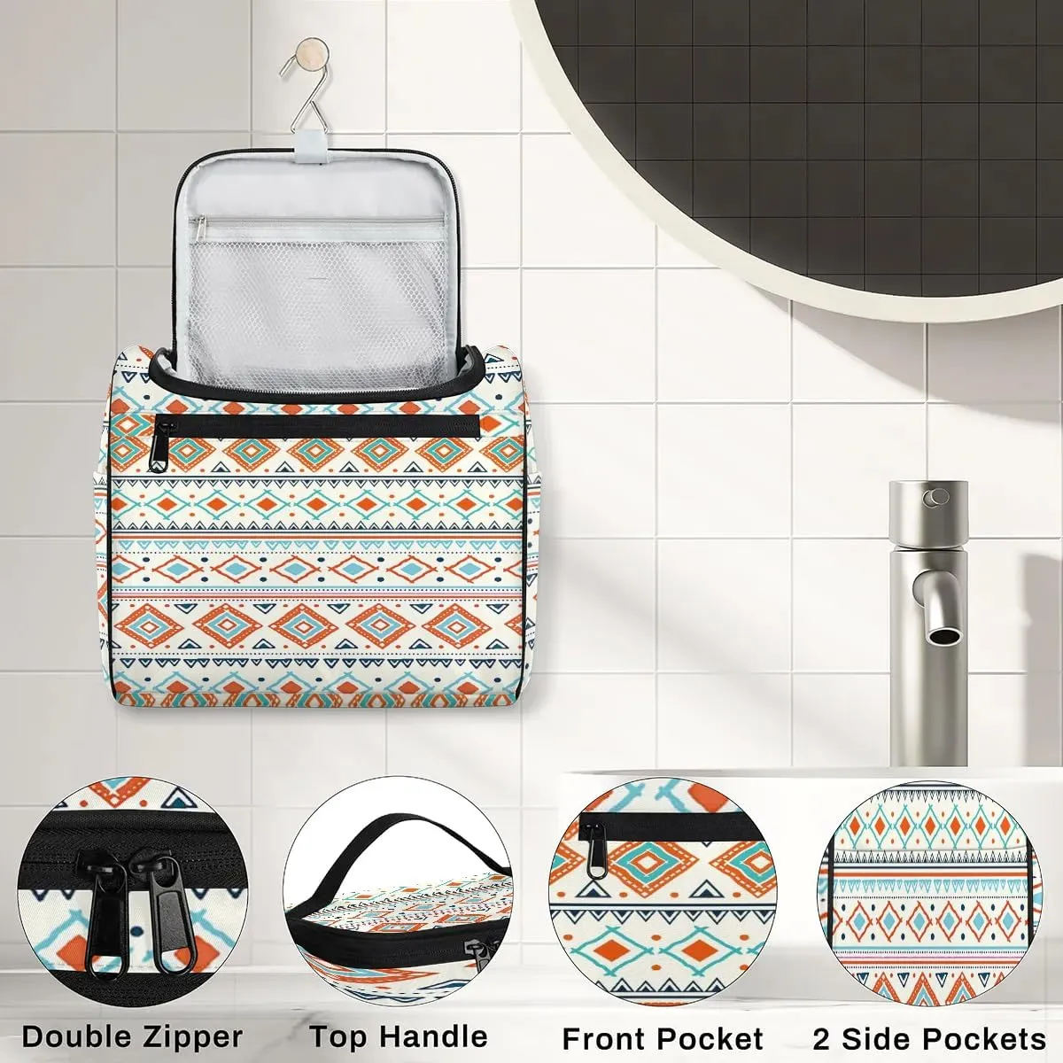 Portable Toiletry Cosmetic Travel Bag - Large Water Resistant Hanging Makeup Organizer Storage Pouch Case for Women Girls, Brush & Accessories Storage (Folk Style)