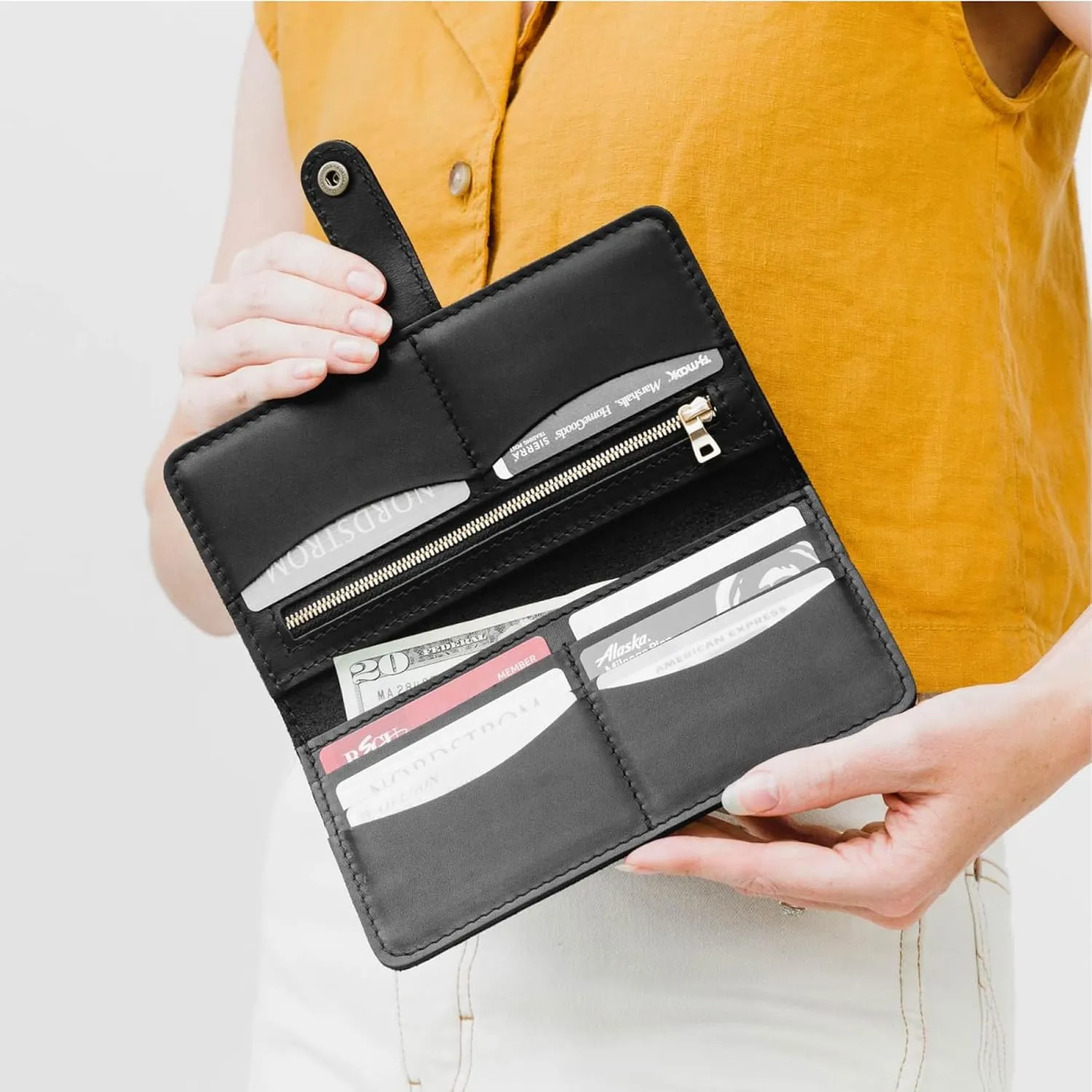 Portland Leather Goods Women's Bifold Wallet – Slim Design with Secure Snap, 8 Card Slots & Interior Zipper Pocket – Black