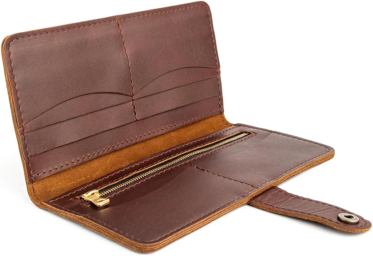 Portland Leather Goods Women's Bifold Wallet – Slim Design with Secure Snap, 8 Card Slots & Interior Zipper Pocket – Cognac