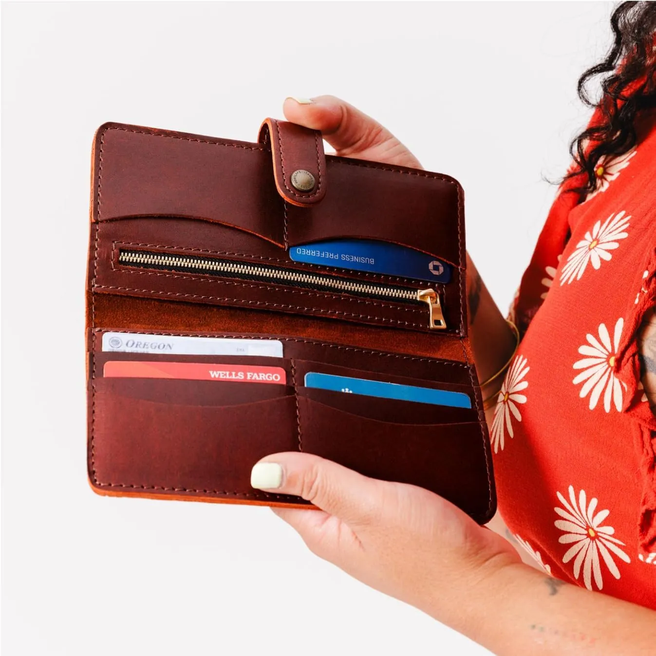 Portland Leather Goods Women's Bifold Wallet – Slim Design with Secure Snap, 8 Card Slots & Interior Zipper Pocket – Cognac