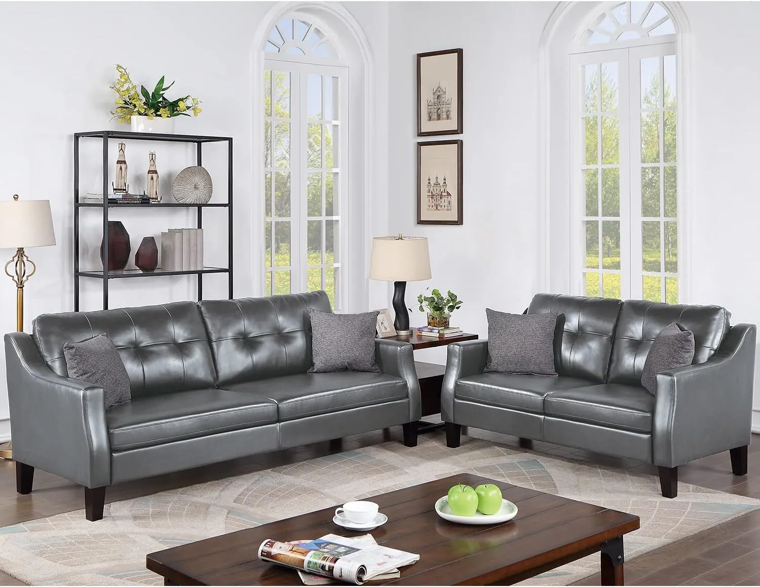 Poundex Faux Leather 2-Piece Set with Accent Pillows Sofas, Grey
