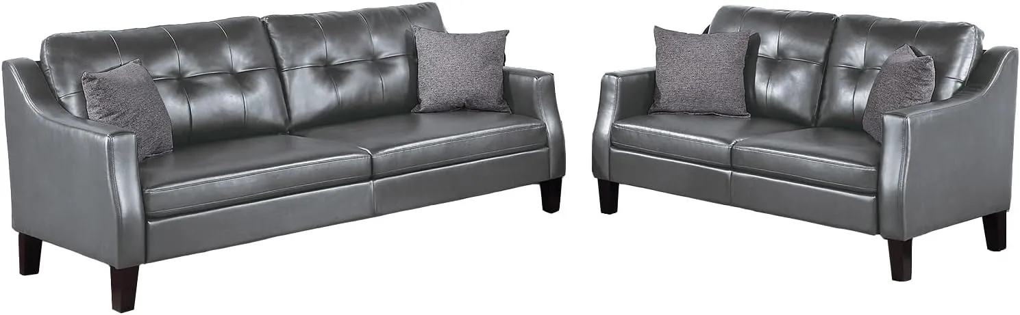 Poundex Faux Leather 2-Piece Set with Accent Pillows Sofas, Grey