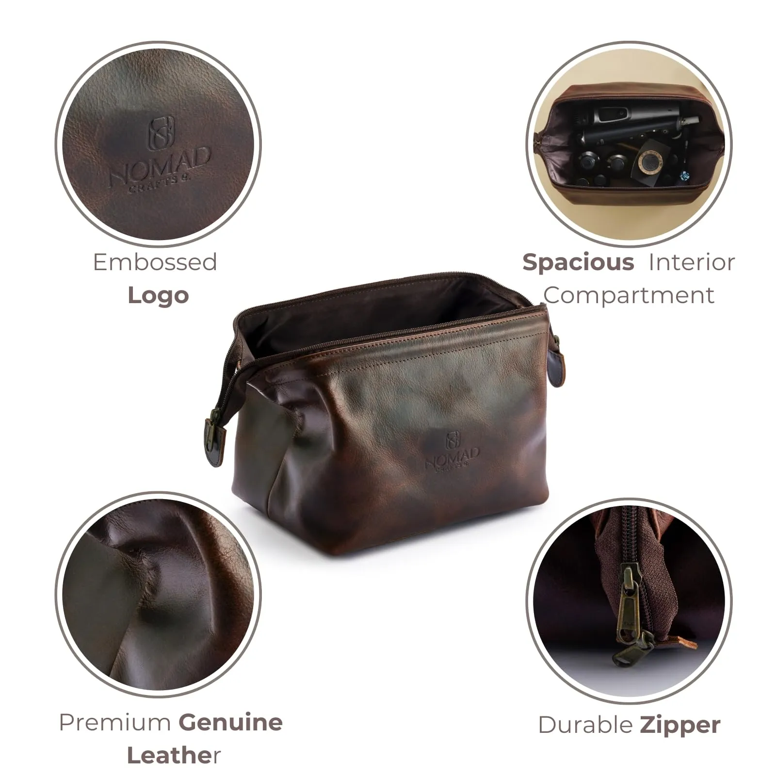 Premium Leather Travel Toiletry Bag, King-Size Dopp Kit with Waterproof Lining, For Men and Women