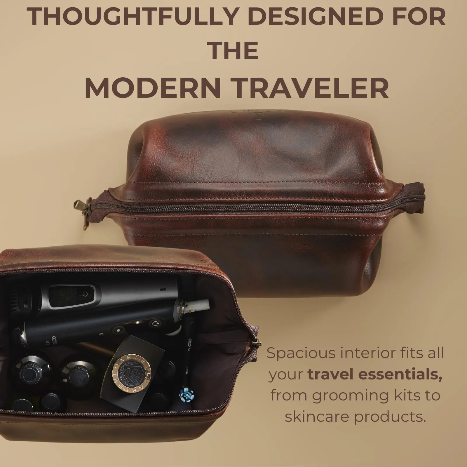 Premium Leather Travel Toiletry Bag, King-Size Dopp Kit with Waterproof Lining, For Men and Women