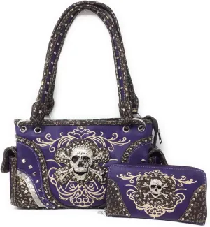 Premium Rhinestone Western Women's Metal Skull Handbag Purse Matching Wallet in 3 colors.