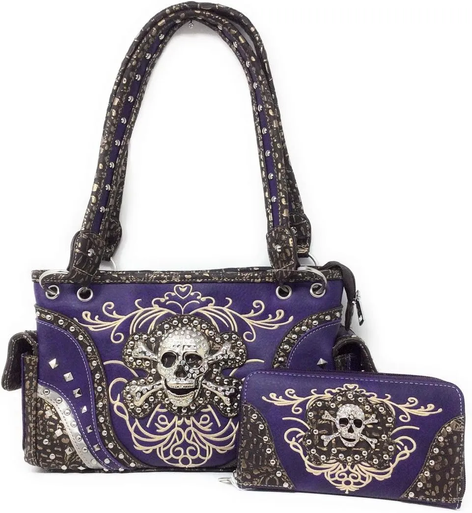 Premium Rhinestone Western Women's Metal Skull Handbag Purse Matching Wallet in 3 colors.
