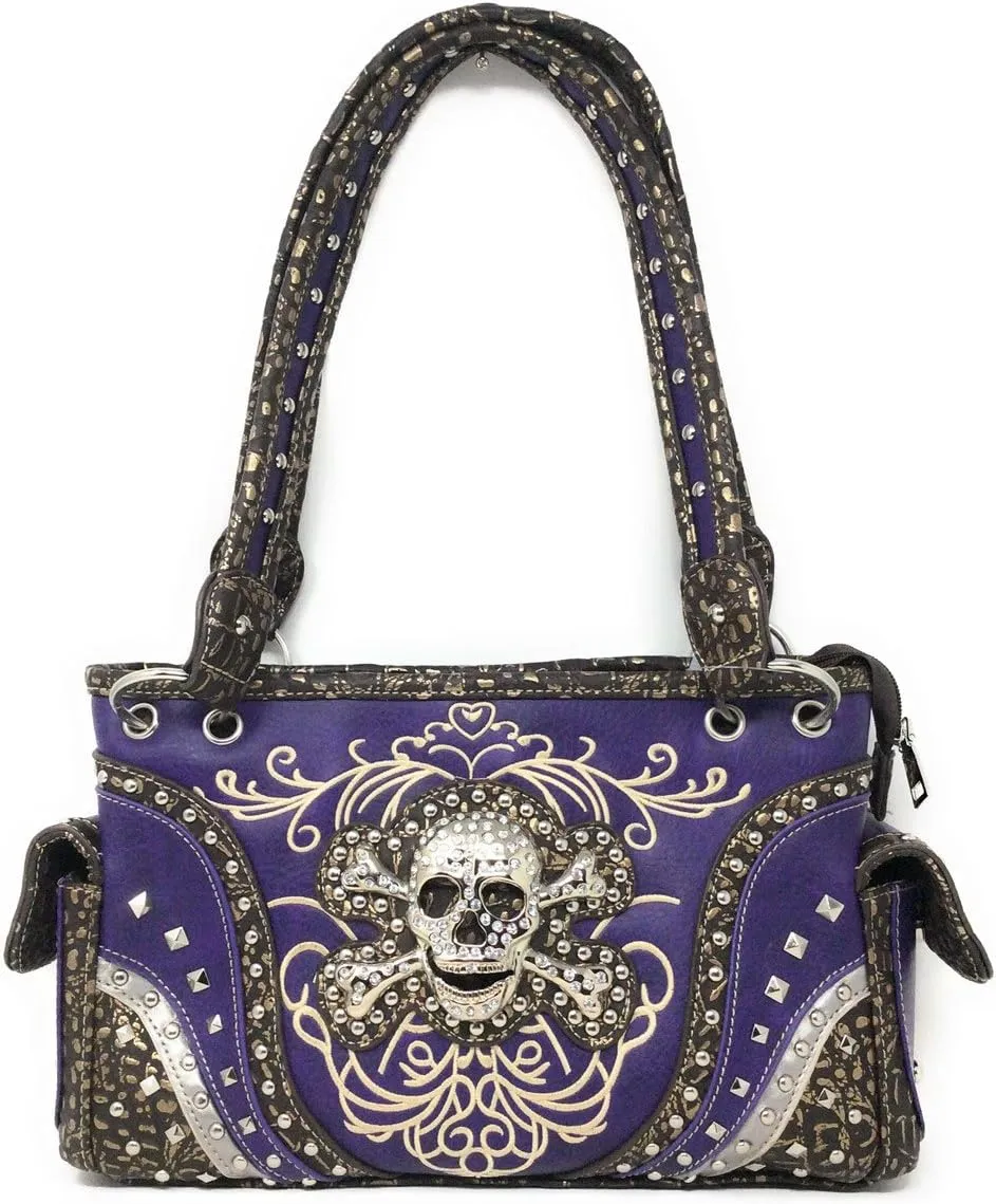 Premium Rhinestone Western Women's Metal Skull Handbag Purse Matching Wallet in 3 colors.