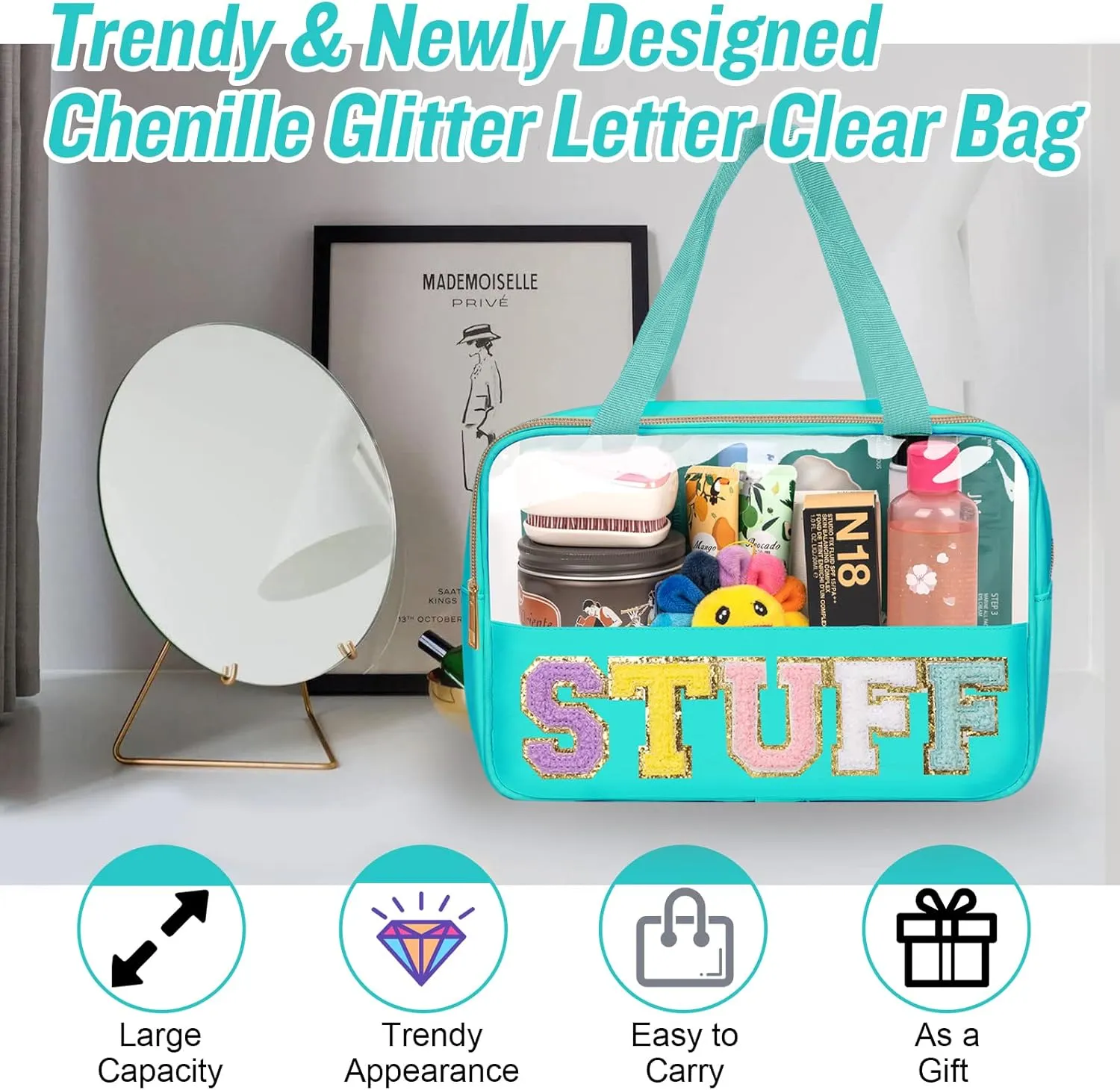 Preppy Clear Stuff Makeup Bags with Chenille Letter Patches, Travel Essentials Large Clear Make up Bag Zipper Pouch with Handle, Waterproof Nylon Cosmetic Toiletry Storage Tote for Women (STUFF-Green)