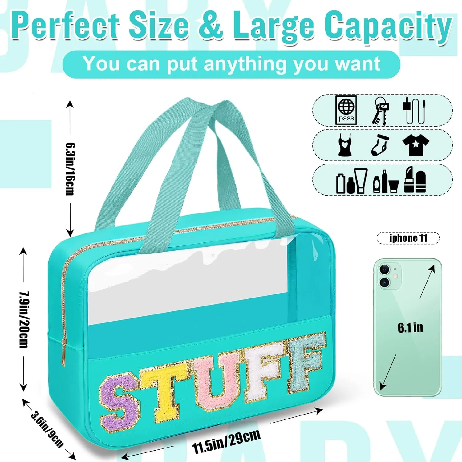 Preppy Clear Stuff Makeup Bags with Chenille Letter Patches, Travel Essentials Large Clear Make up Bag Zipper Pouch with Handle, Waterproof Nylon Cosmetic Toiletry Storage Tote for Women (STUFF-Green)