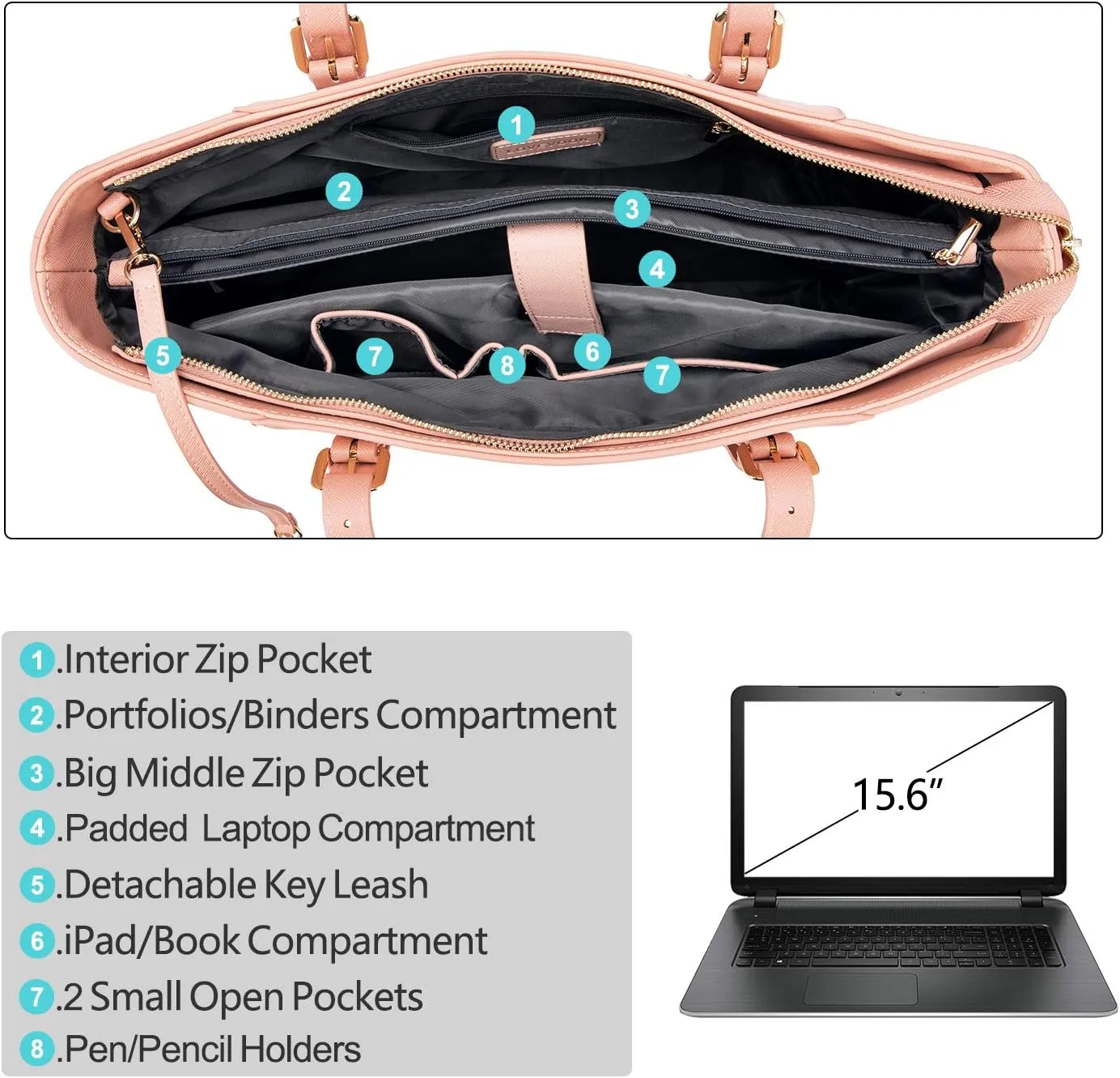 Professional Laptop Purse Tote Bag with Padded Compartment Fits Up to 15.6 Inch Computer, N°1-Pink