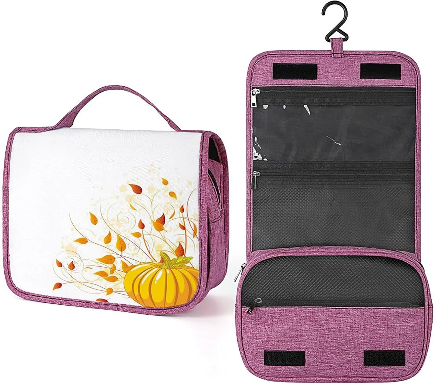 Pumpkin Print,Toiletry Bag for Women,Fruit with Stalks and Leaves Thanksgiving,Water-resistant Hanging Bathroom Travel Makeup Organizer,Cosmetic Case Traveling,Yellow Orange Green