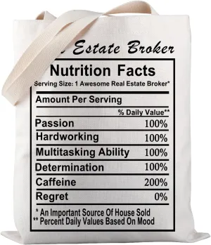 PWHAOO Real Estate Broker Tote Bag Realtor Nutrition Facts Tote Bag Realtor Merchandise Real Estate Agent Gift