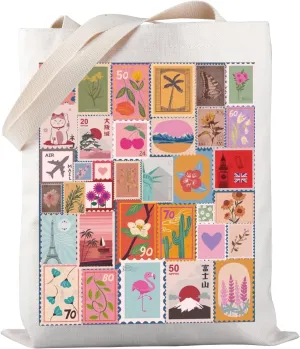 PWHAOO Travel Stamps Tote Bag Stamp Collection Tote Bag Postage Stamp Art Gift Stamp Lover Gift Travel Lover Gift
