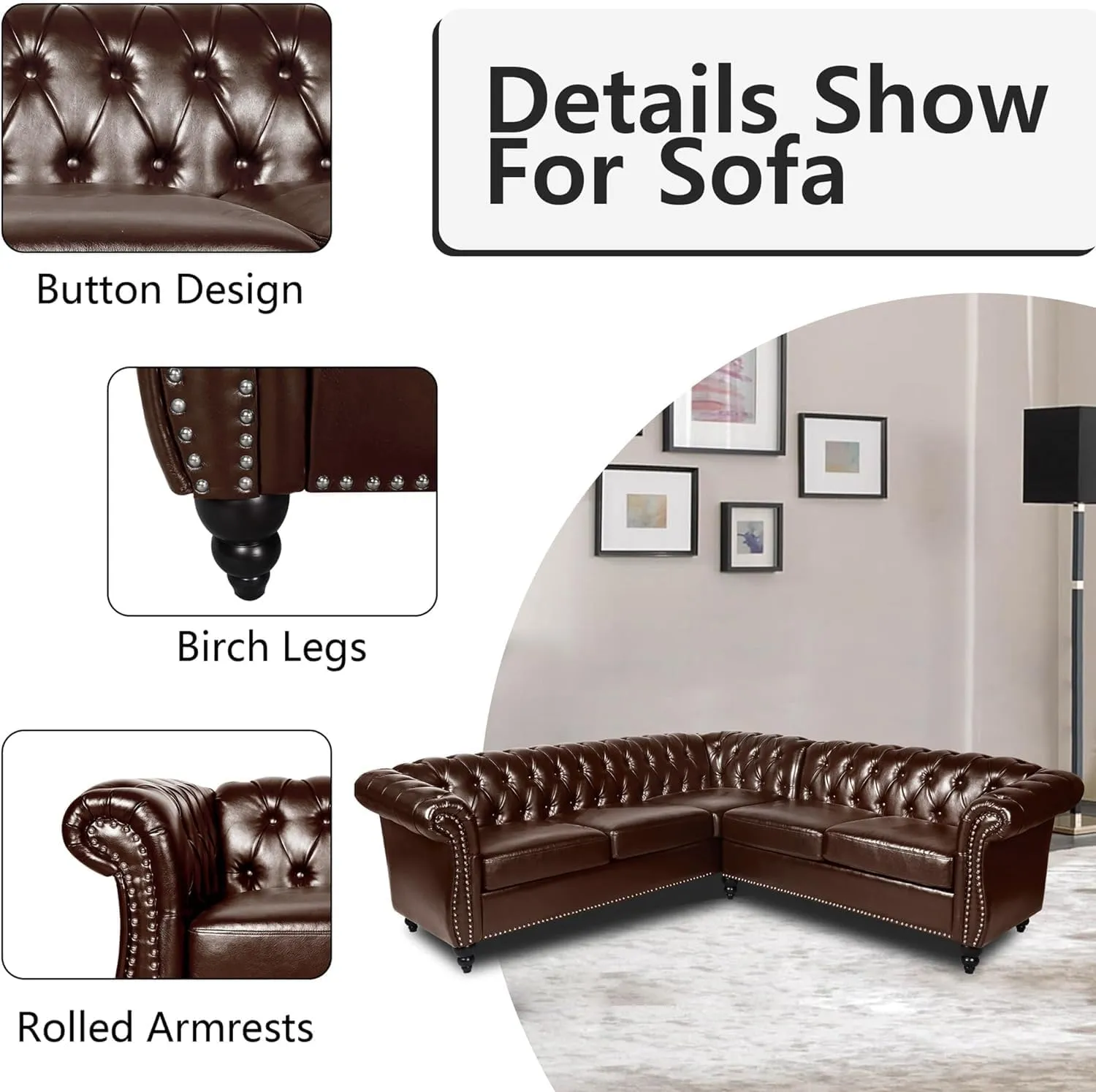 QHITTY Sectional L-Shaped Sofa, Chesterfield Faux Leather Couch 5 Seater Upholstered Small Accent Tufted Sofa with Nailhead Design and Rolled Armrest for Living Room, Apartment, Office (Dark Brown)