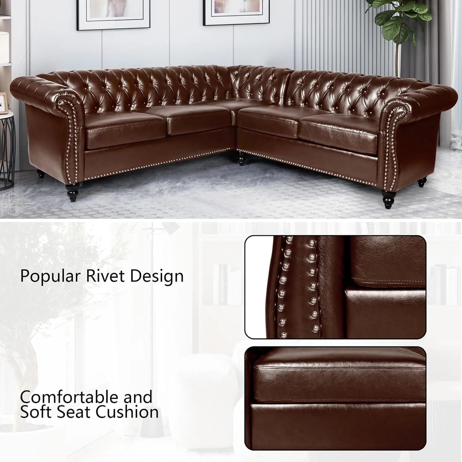 QHITTY Sectional L-Shaped Sofa, Chesterfield Faux Leather Couch 5 Seater Upholstered Small Accent Tufted Sofa with Nailhead Design and Rolled Armrest for Living Room, Apartment, Office (Dark Brown)