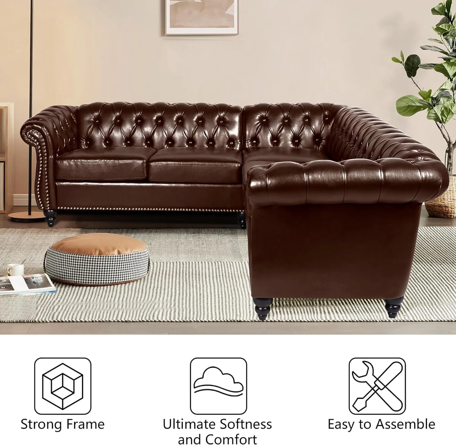 QHITTY Sectional L-Shaped Sofa, Chesterfield Faux Leather Couch 5 Seater Upholstered Small Accent Tufted Sofa with Nailhead Design and Rolled Armrest for Living Room, Apartment, Office (Dark Brown)