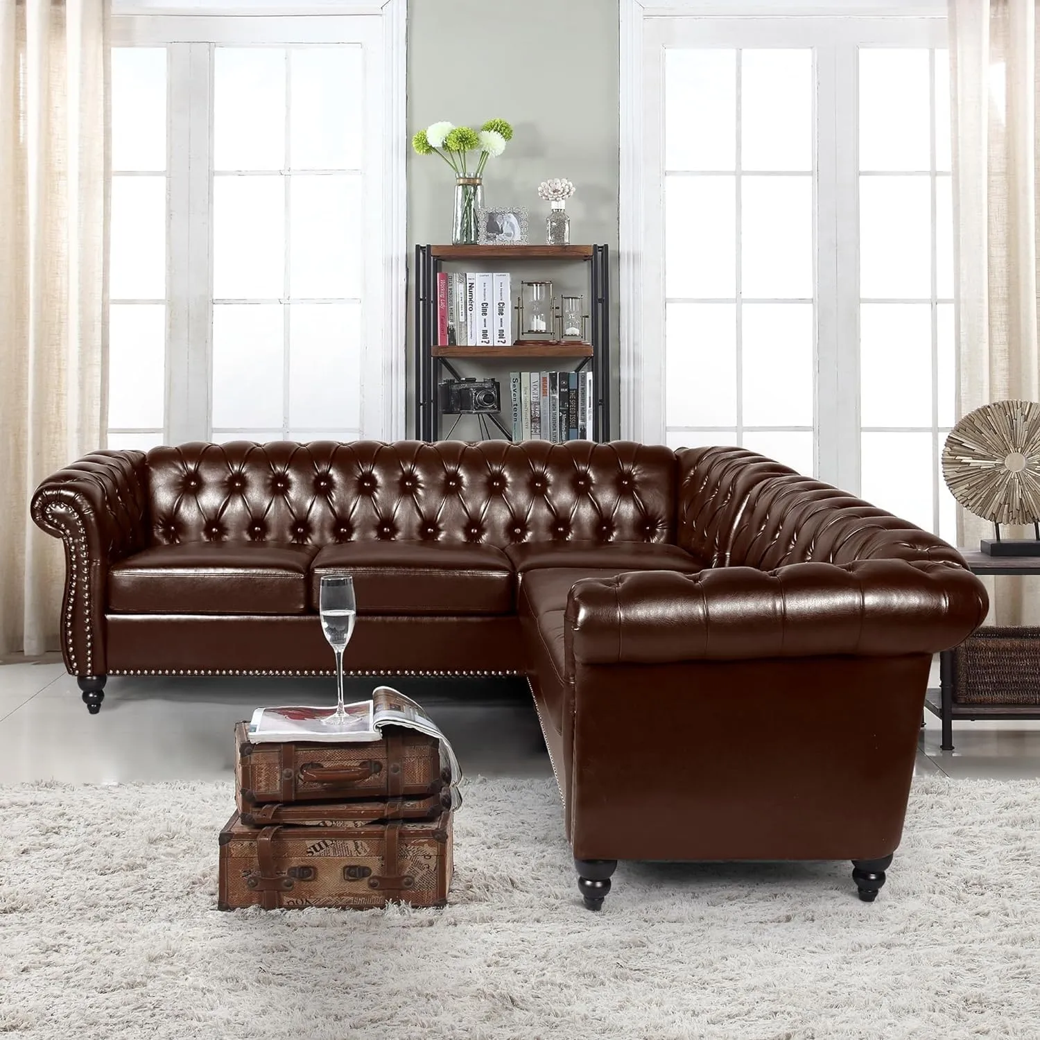 QHITTY Sectional L-Shaped Sofa, Chesterfield Faux Leather Couch 5 Seater Upholstered Small Accent Tufted Sofa with Nailhead Design and Rolled Armrest for Living Room, Apartment, Office (Dark Brown)