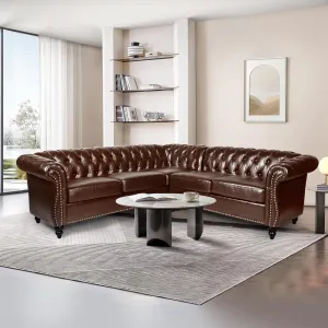 QHITTY Sectional L-Shaped Sofa, Chesterfield Faux Leather Couch 5 Seater Upholstered Small Accent Tufted Sofa with Nailhead Design and Rolled Armrest for Living Room, Apartment, Office (Dark Brown)
