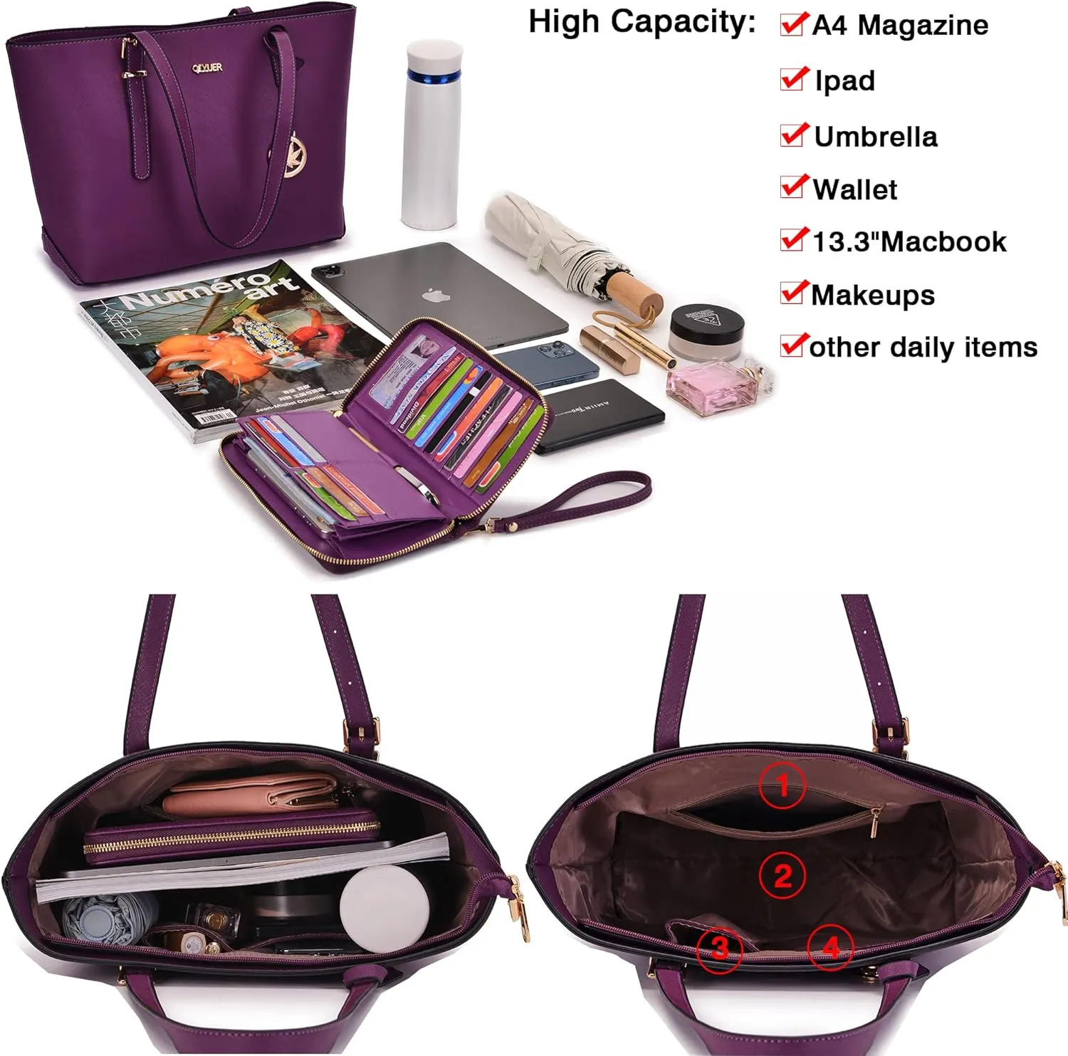 Qiyuer Women Purses Handbags Wallet Sets Shoulder Bags Top Handle Satchel Tote Purse Work Bag Set With Matching Wallet 3pcs