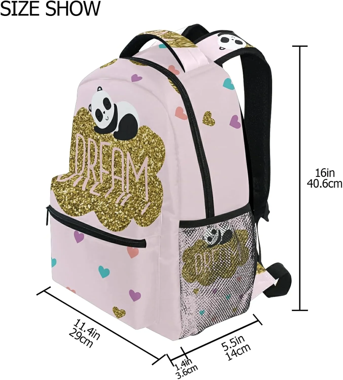 QUGRL Glitter Panda 16" School Bookbag Cool Elementary Schoolbag College Daypack Dream Pink Backpack Travel Sports