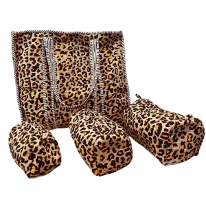Quilted Tote Bag with Zipper and Quilted 3 piece toilery set- Animal Print