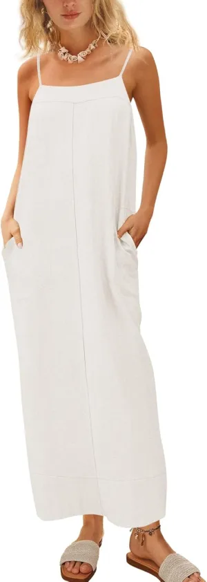 ReachMe Womens Linen Maxi Dress Summer Spaghetti Strap Long Dresses Square Neck Sleeveless Backless Dress with Slit