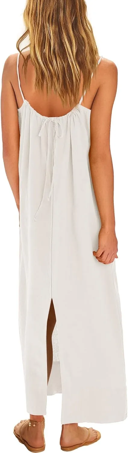 ReachMe Womens Linen Maxi Dress Summer Spaghetti Strap Long Dresses Square Neck Sleeveless Backless Dress with Slit