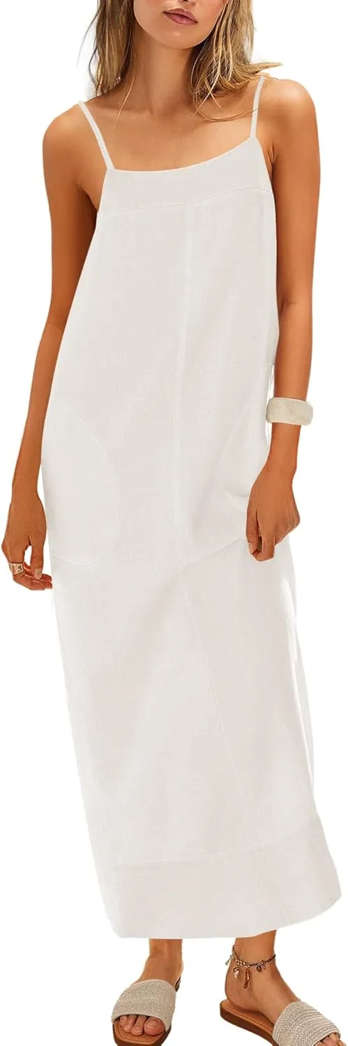 ReachMe Womens Linen Maxi Dress Summer Spaghetti Strap Long Dresses Square Neck Sleeveless Backless Dress with Slit
