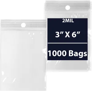 Reclosable Hang Hole Zip Poly Bags, 2Mil 3" X 6" & 1000 Bags | LDPE Material, Clear Plastic with Resealable Lock Seal Zipper | Resealable Zip Top Lock For Travel, Storage, Packaging & Shipping