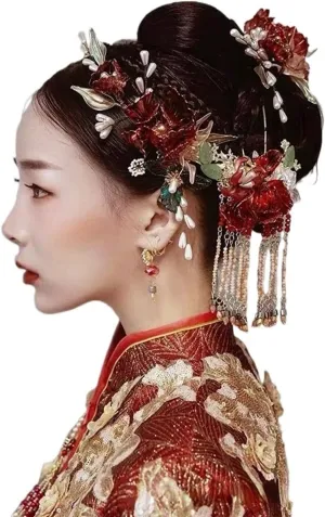 Red Flower Chinese Wind Bride Wedding Tiara Red Flower Classic Charm Studio Style Hair Jewelry