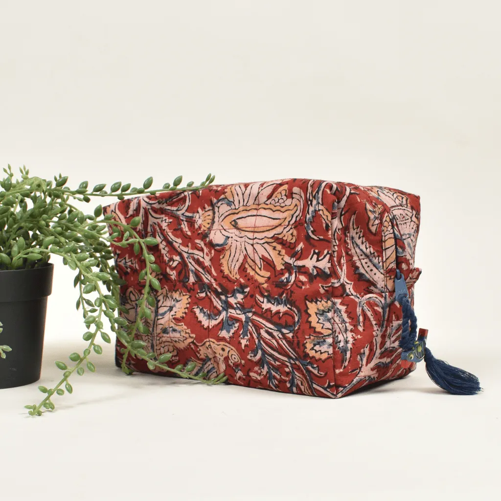 Red kalamkari travel cosmetic bag