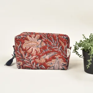 Red kalamkari travel cosmetic bag