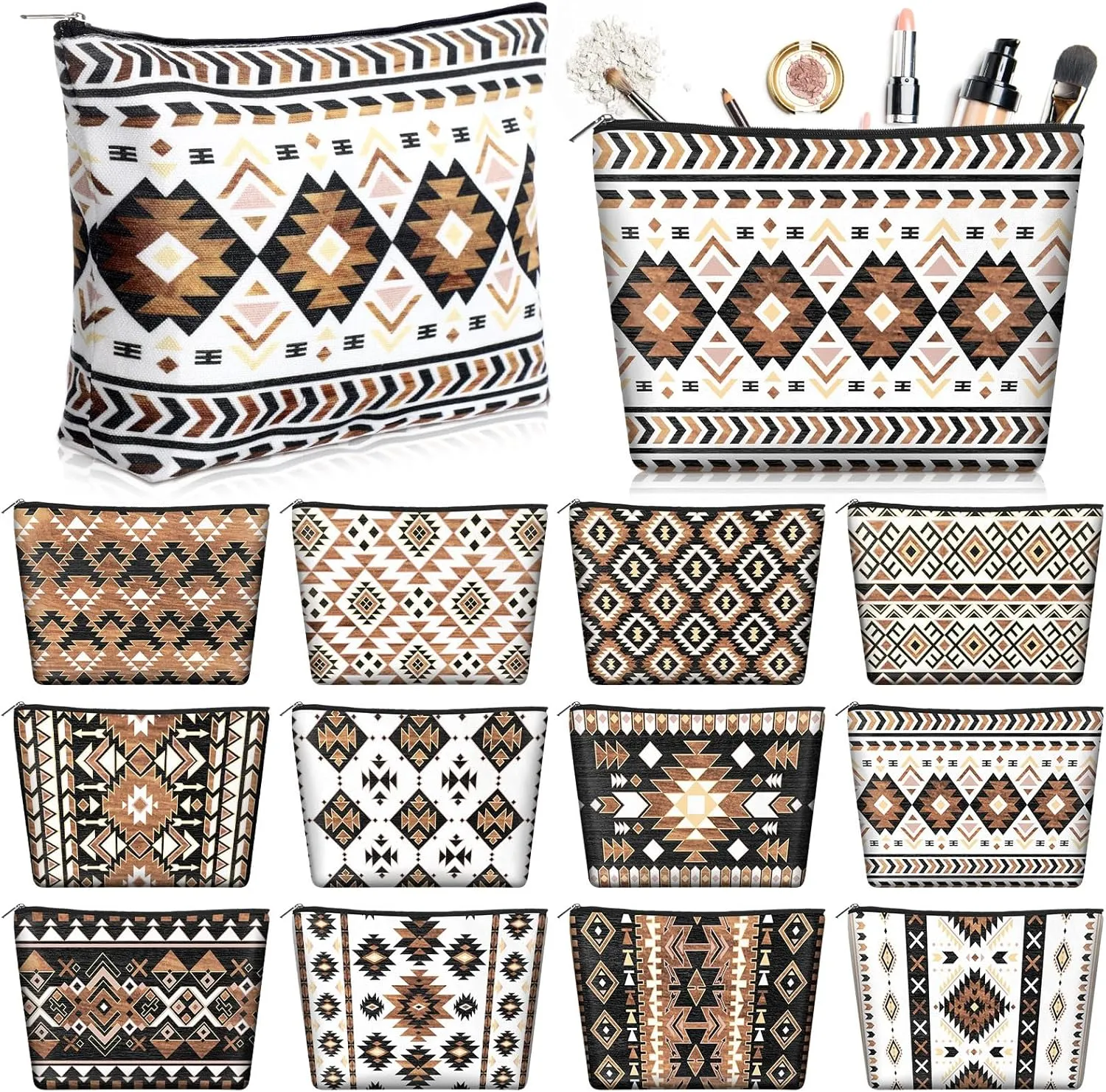 Reginary 12 Pcs Aztec Cosmetic Bags Cowgirl Makeup Bag Western Gifts for Women Travel Toiletry Case Cosmetics Organizer for Women Brushes Toiletry Jewelry Accessories