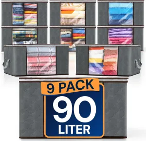 Reli. 90L Large Clothes Storage Bags (9 Pack) Closet Organizers and Storage Containers | Foldable Bins with Lids & Handles | Large Bins for Towels, Comforters, Blankets | Grey