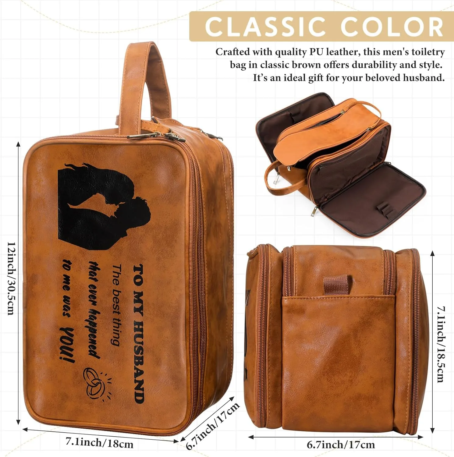 Retirement Gifts Toiletry Bag for Men PU Leather Men's Toiletry Travel Bag Large Shaving Kit Bag Water Resistant Cosmetic Bag Pouch for Groom Bathroom Traveling(Husband)