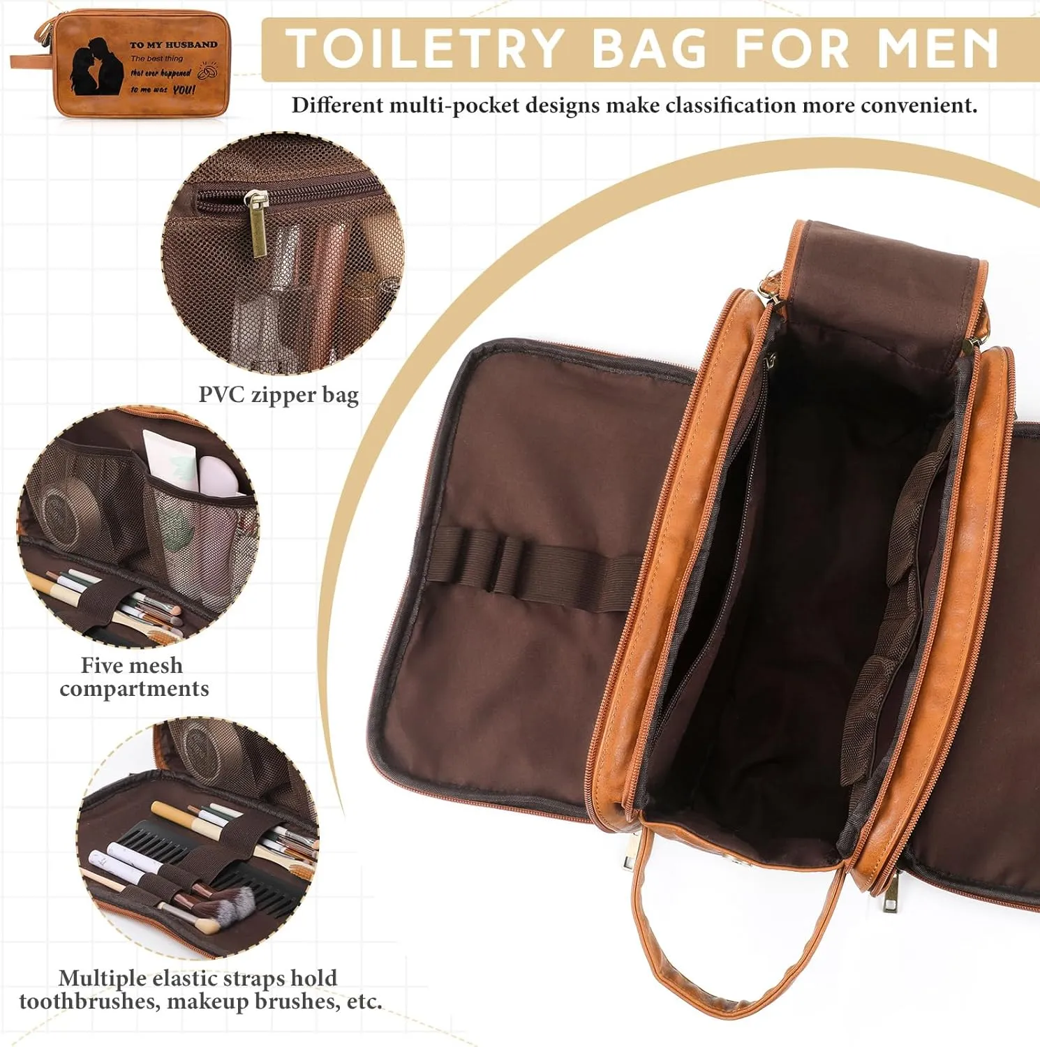Retirement Gifts Toiletry Bag for Men PU Leather Men's Toiletry Travel Bag Large Shaving Kit Bag Water Resistant Cosmetic Bag Pouch for Groom Bathroom Traveling(Husband)