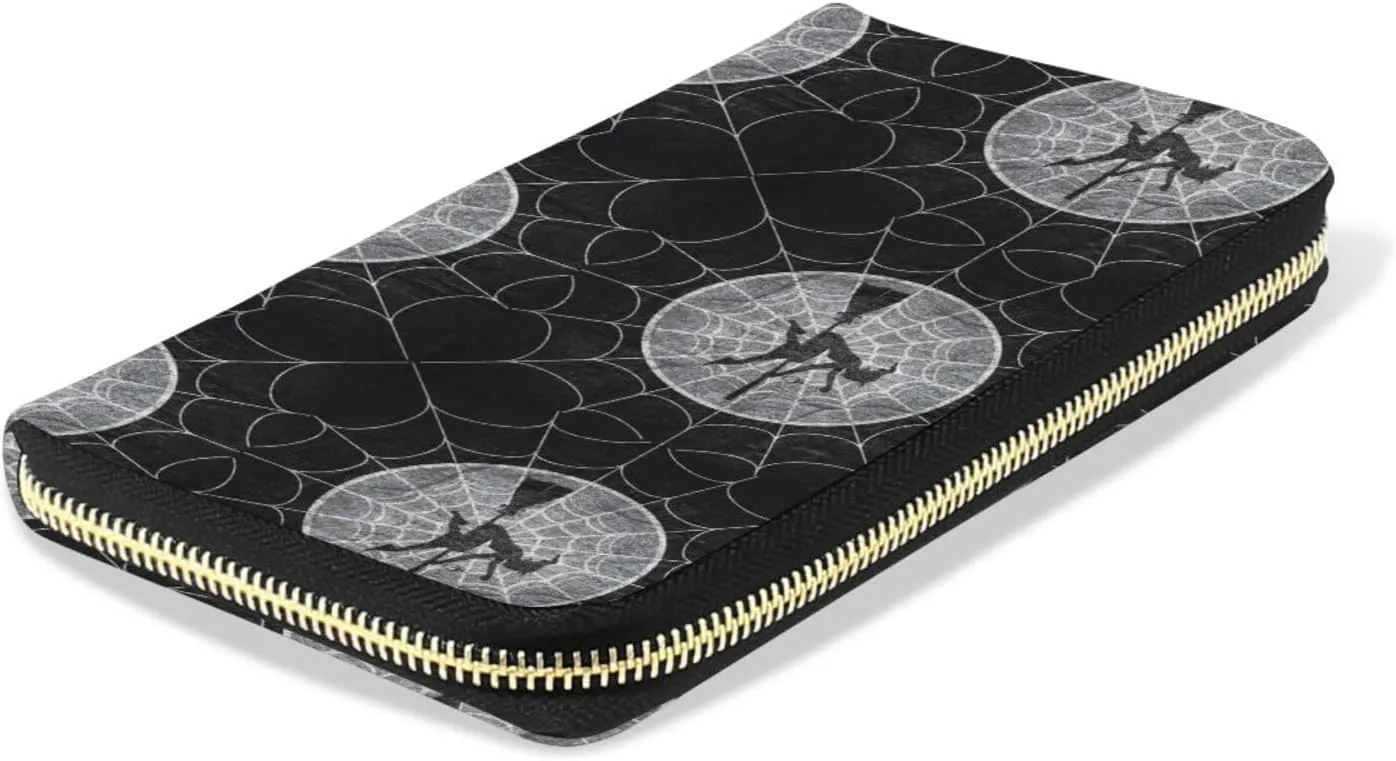 Retro Cobweb Spider web Halloween Spooky Horror Witch Flying Leather Long Wallet Organizer with Zipper Purse Clutch Bag for Women Men Key Card Coin Passport Checkbook 8 x 4 inch