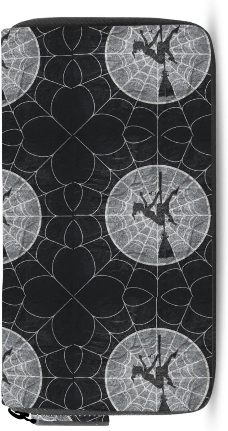 Retro Cobweb Spider web Halloween Spooky Horror Witch Flying Leather Long Wallet Organizer with Zipper Purse Clutch Bag for Women Men Key Card Coin Passport Checkbook 8 x 4 inch