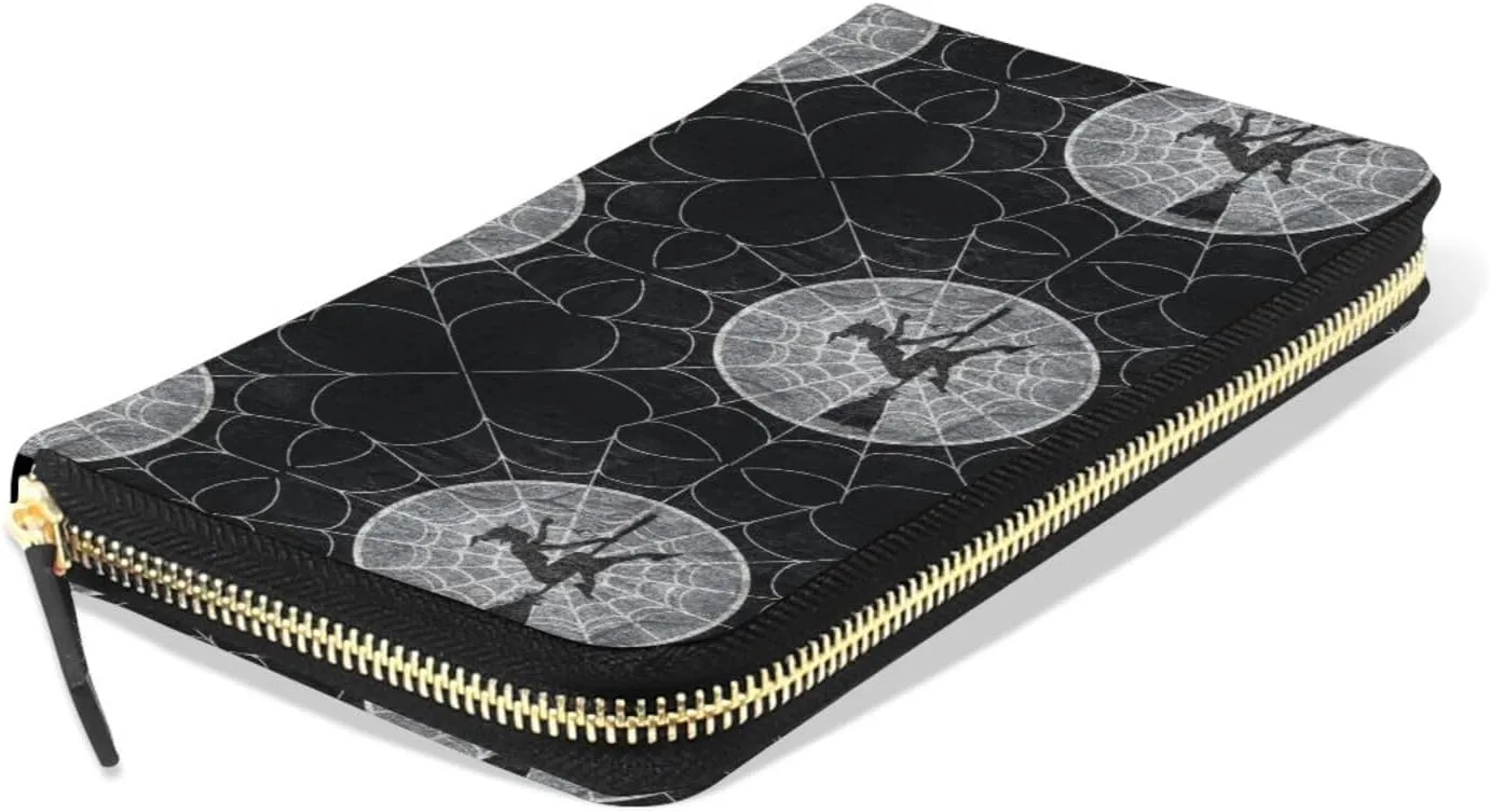Retro Cobweb Spider web Halloween Spooky Horror Witch Flying Leather Long Wallet Organizer with Zipper Purse Clutch Bag for Women Men Key Card Coin Passport Checkbook 8 x 4 inch