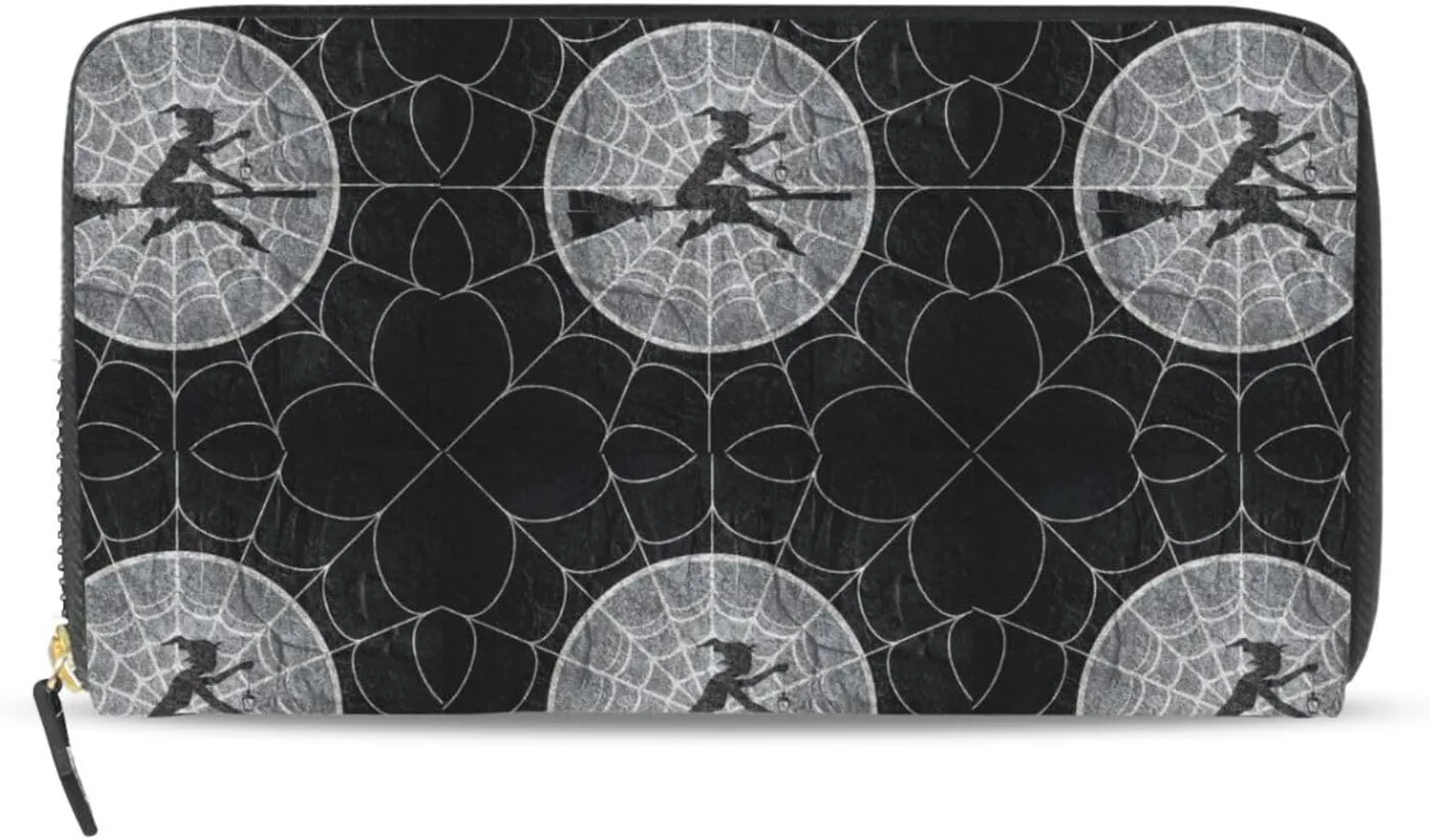 Retro Cobweb Spider web Halloween Spooky Horror Witch Flying Leather Long Wallet Organizer with Zipper Purse Clutch Bag for Women Men Key Card Coin Passport Checkbook 8 x 4 inch