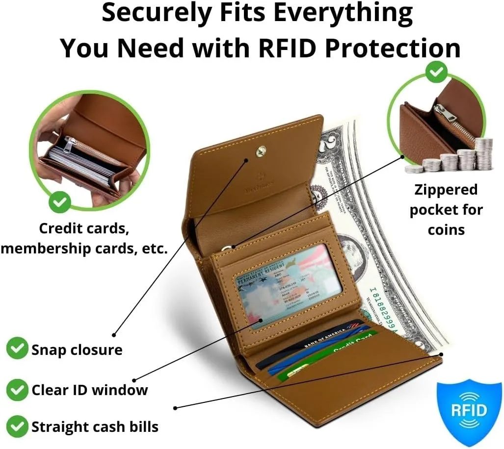 RFID-Blocking Women's Real Leather Wallet with Large Capacity and Wristlet - Small, Secure, and Chic - Conveniently Holds Cards, Cash, and Coins (Black - RFID Protected with Wristlet)