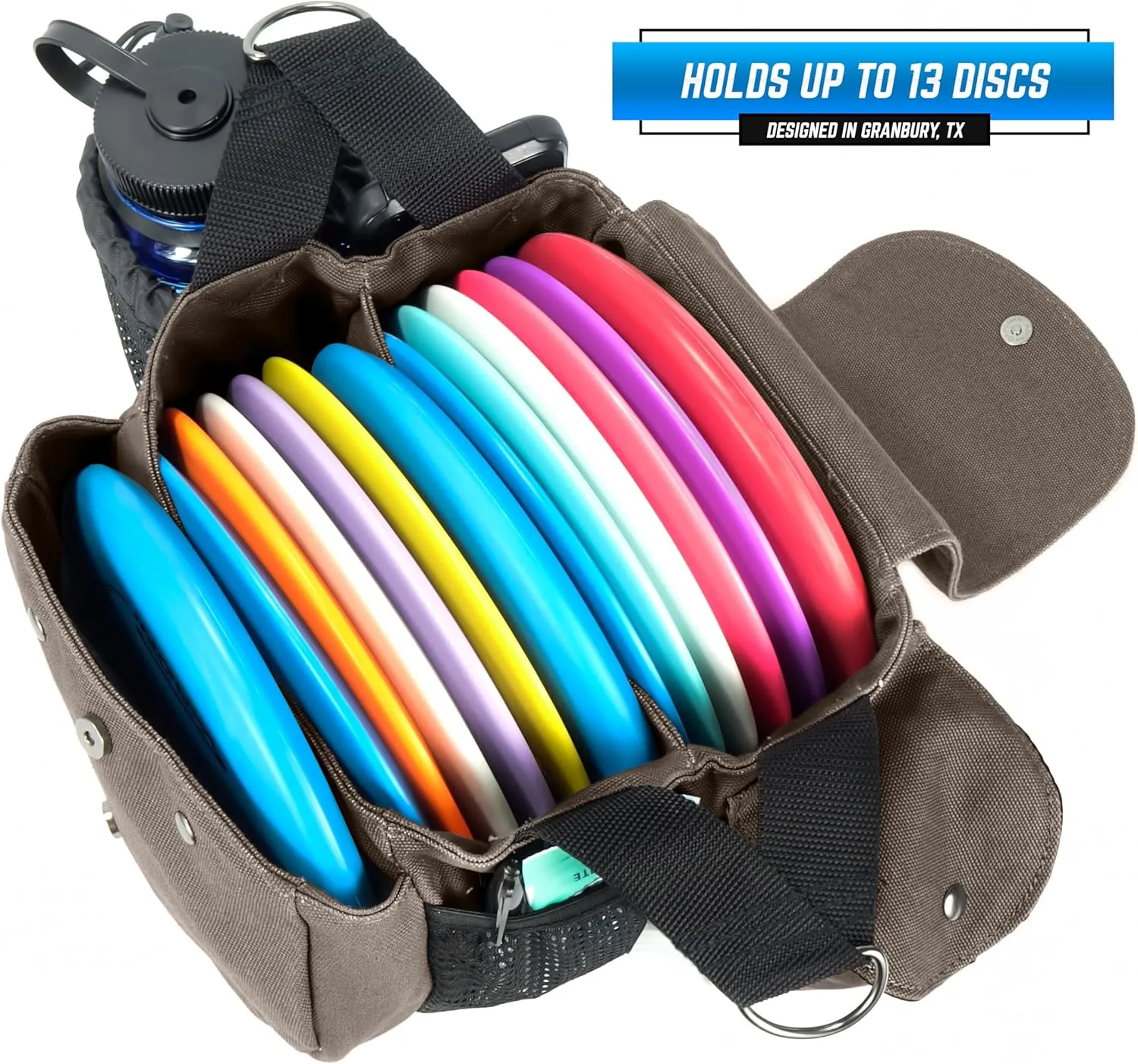 Rogue Iron Disc Golf Satchel Bag- Sling Tote Bag for Frisbee Golf - Holds Up to 14 Discs, Large 32oz Water Bottle, and Accessories V2 (14 Disc Gray)