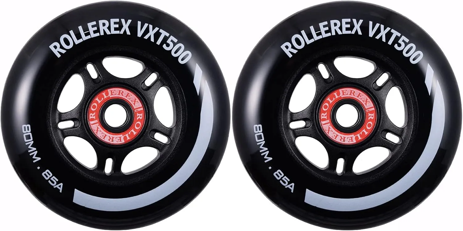 Rollerex VXT100 85A Kids Inline Skate Wheels (2 wheels w/bearings, spacers and washers) (Steel Black) (Size Options) Use on Roller Blades, RipStiks (80mm)