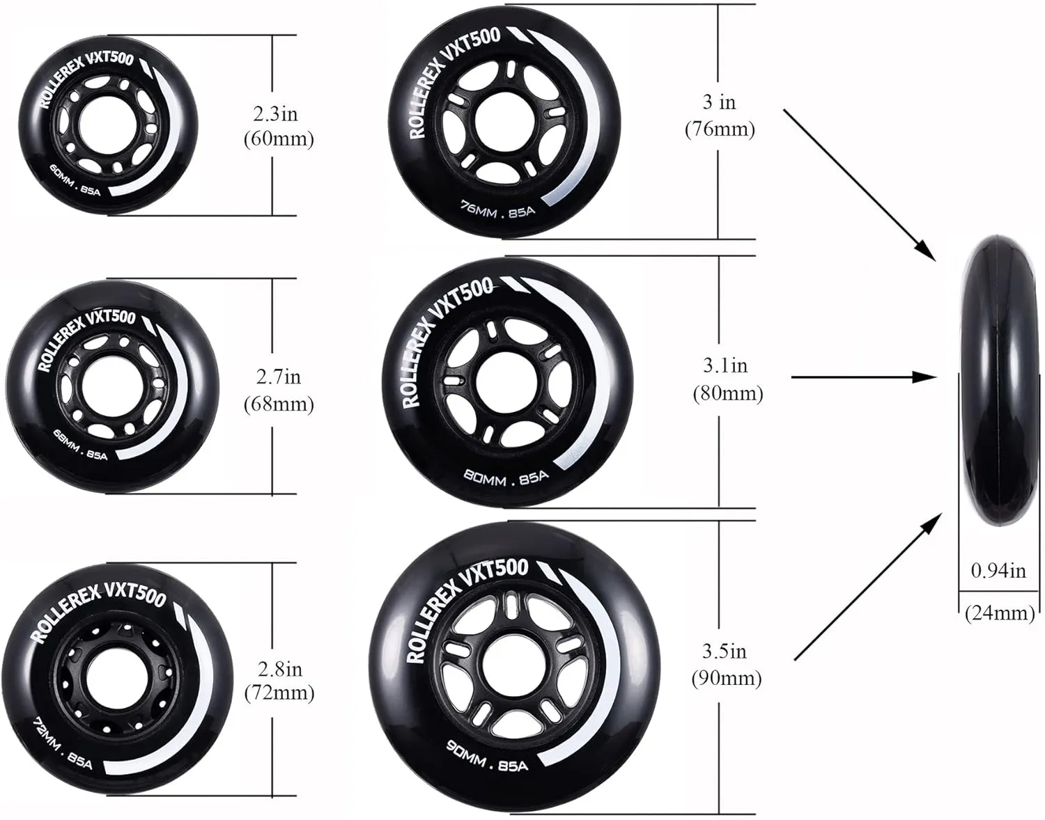Rollerex VXT100 85A Kids Inline Skate Wheels (2 wheels w/bearings, spacers and washers) (Steel Black) (Size Options) Use on Roller Blades, RipStiks (80mm)